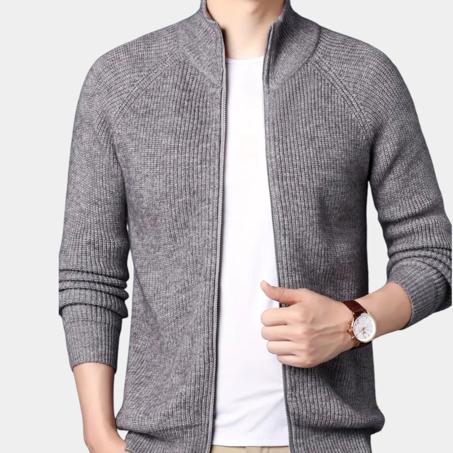 Full-Zip Ribbed Knit Cardigan Stand Collar for Men