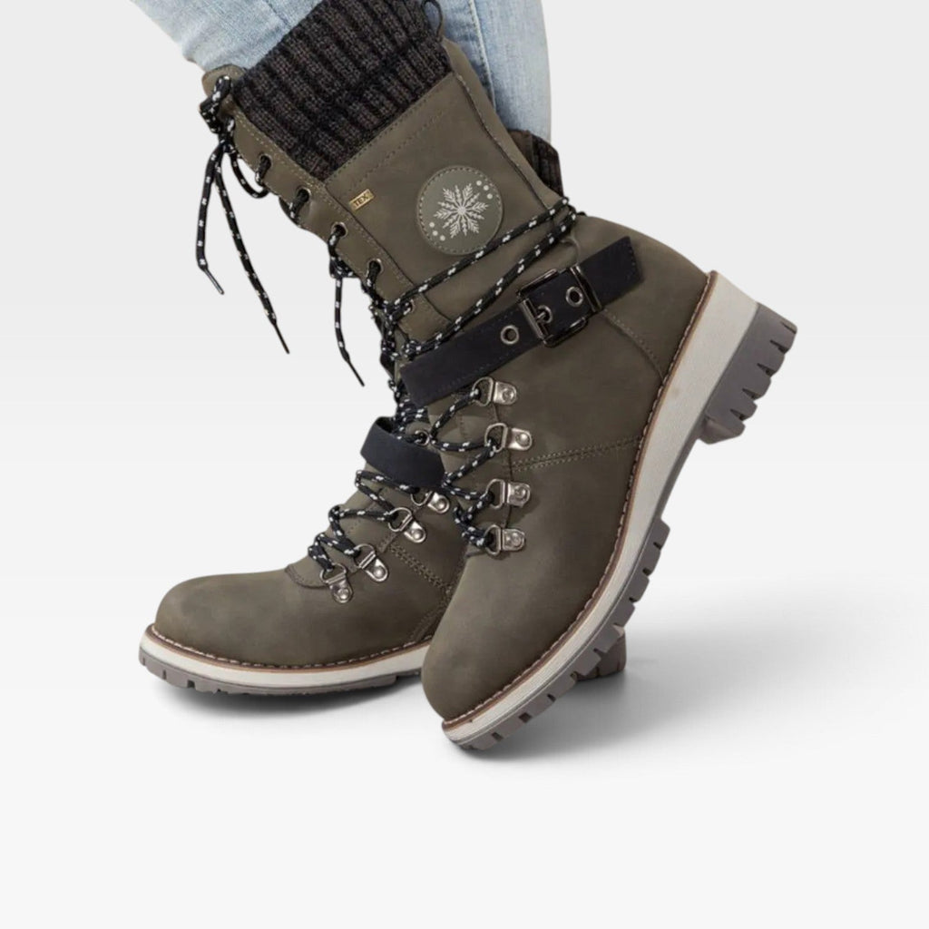 Women's Knit-Cuff Snow Boots with Buckle Detail