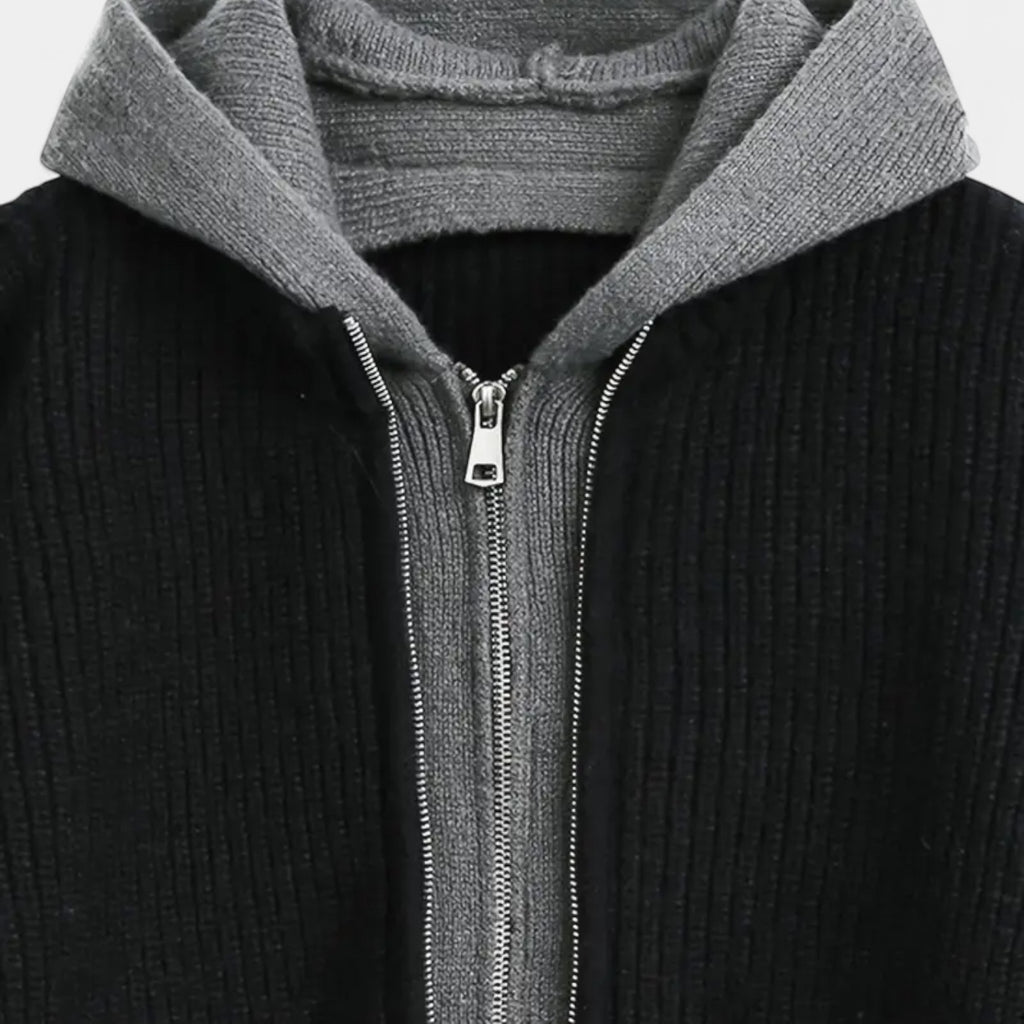 Zip-Up Knit Cardigan Hoodie Ribbed Relaxed Fit for Men