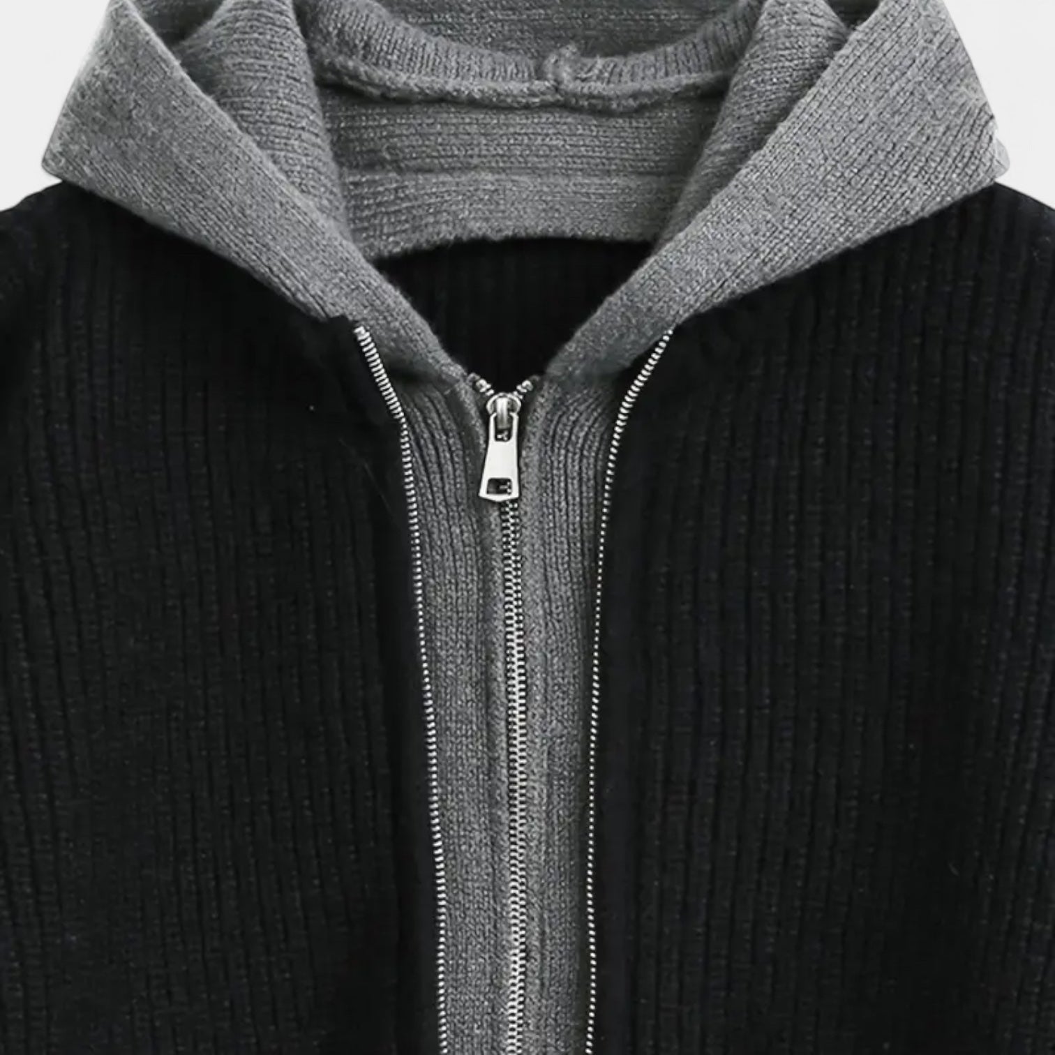 Zip-Up Knit Cardigan Hoodie Ribbed Relaxed Fit for Men