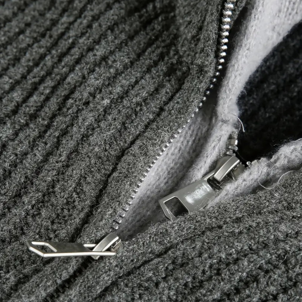 Zip-Up Knit Cardigan Hoodie Ribbed Relaxed Fit for Men