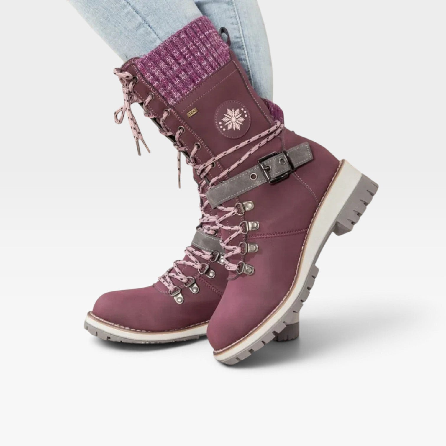 Women's Knit-Cuff Snow Boots with Buckle Detail