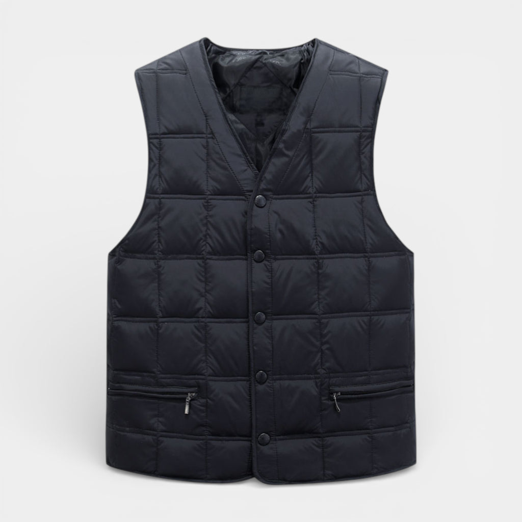 Button-Up Quilted Vest V-Neck Zip Pockets for Men
