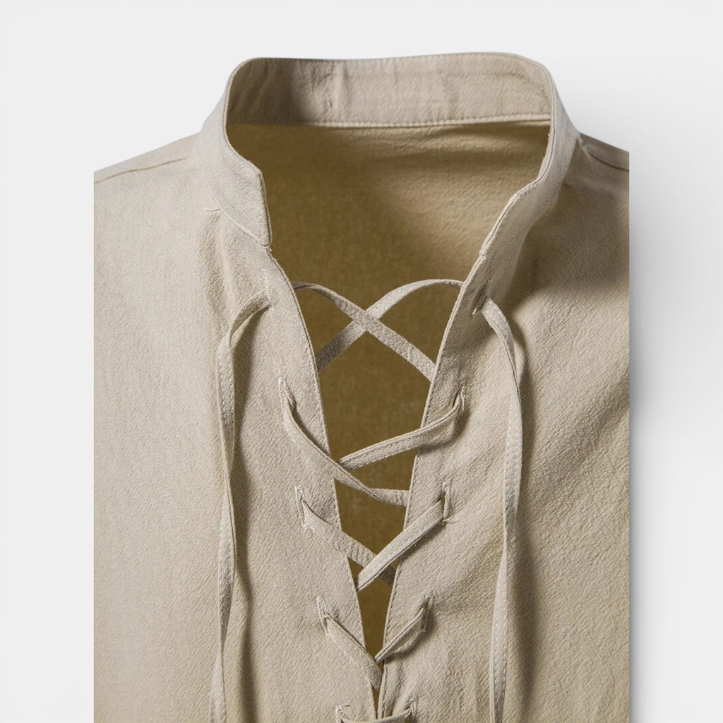Lace-Up Band Collar Shirt Long Sleeve for Men