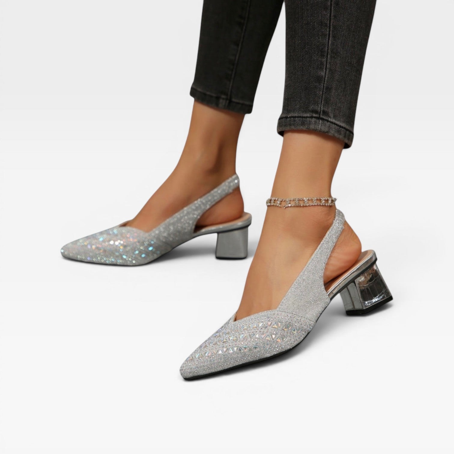 Women's Crystal Slingback Block Heels