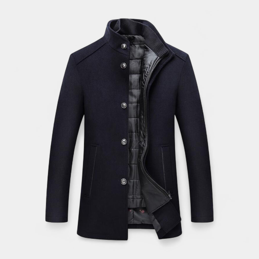 Wool-Blend Trench Coat Stand Collar Tailored Fit for Men