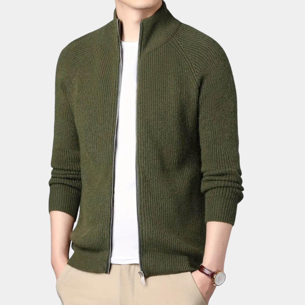 Full-Zip Ribbed Knit Cardigan Stand Collar for Men