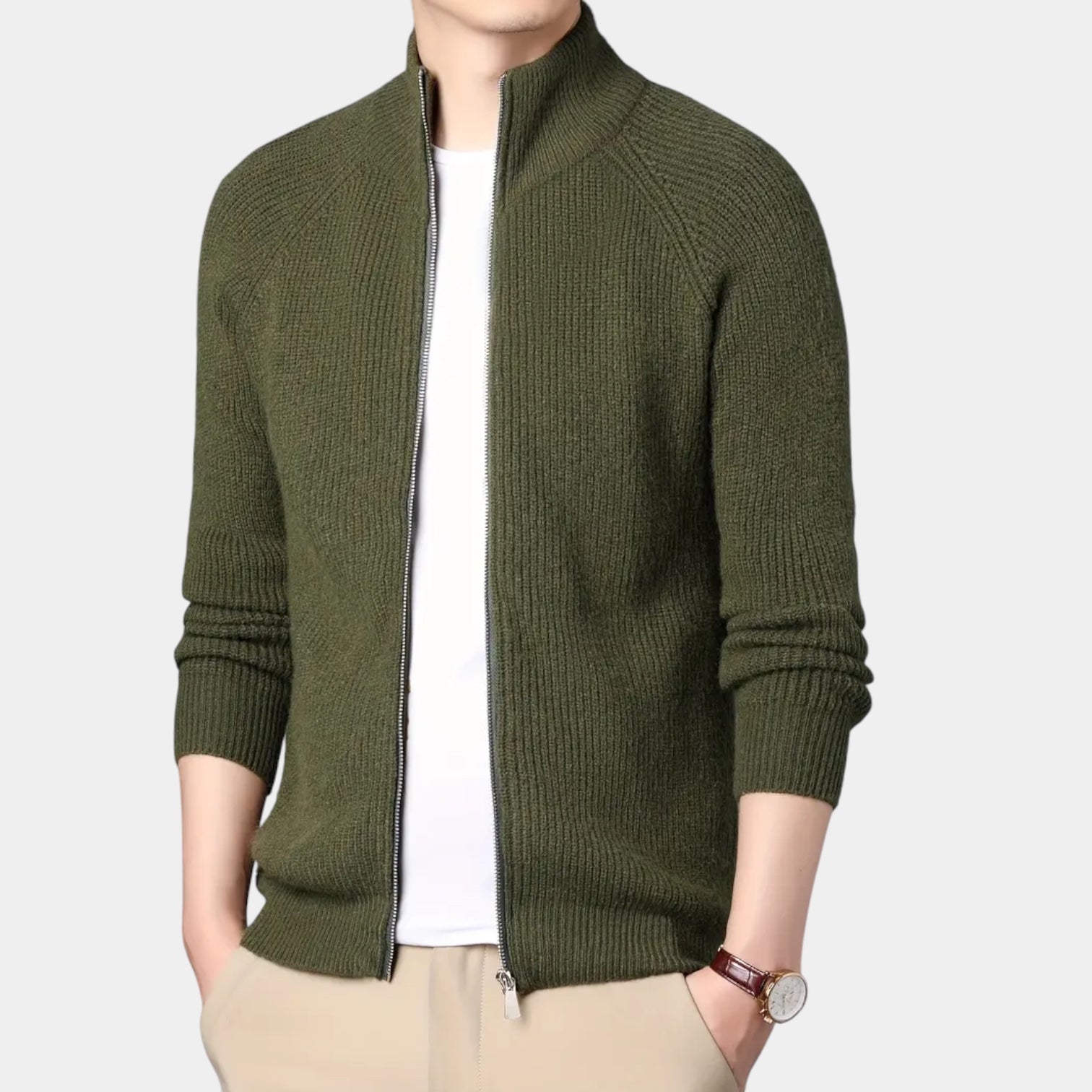 Full-Zip Ribbed Knit Cardigan Stand Collar for Men