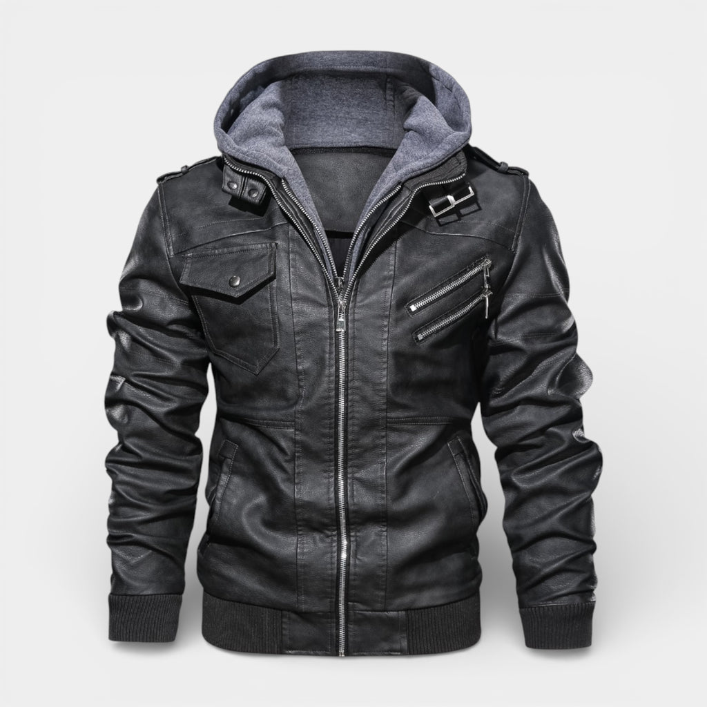 Hooded Vegan Leather Jacket Zip Front Regular Fit for Men