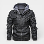 Hooded Vegan Leather Jacket Zip Front Regular Fit for Men