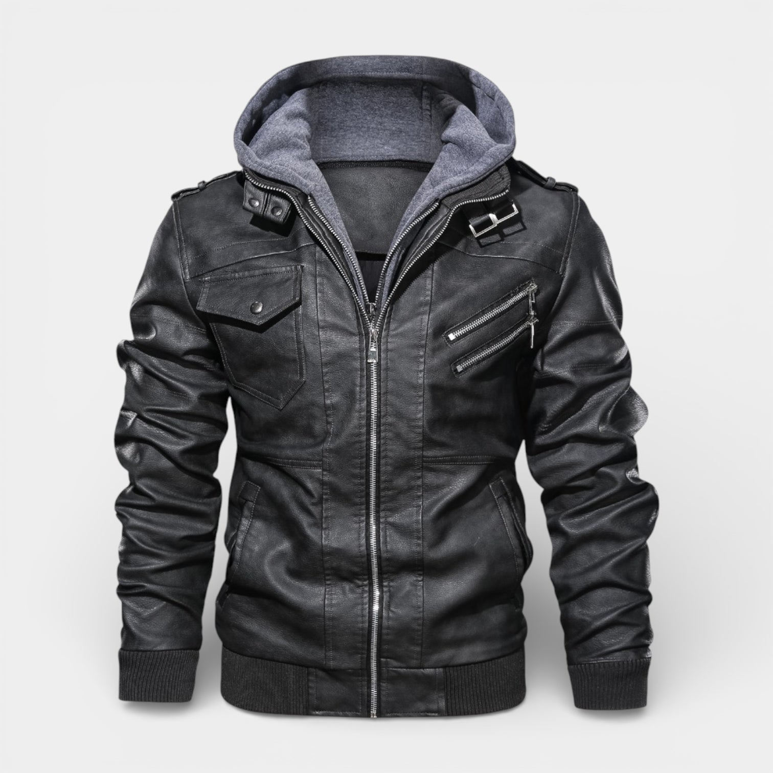 Hooded Vegan Leather Jacket Zip Front Regular Fit for Men