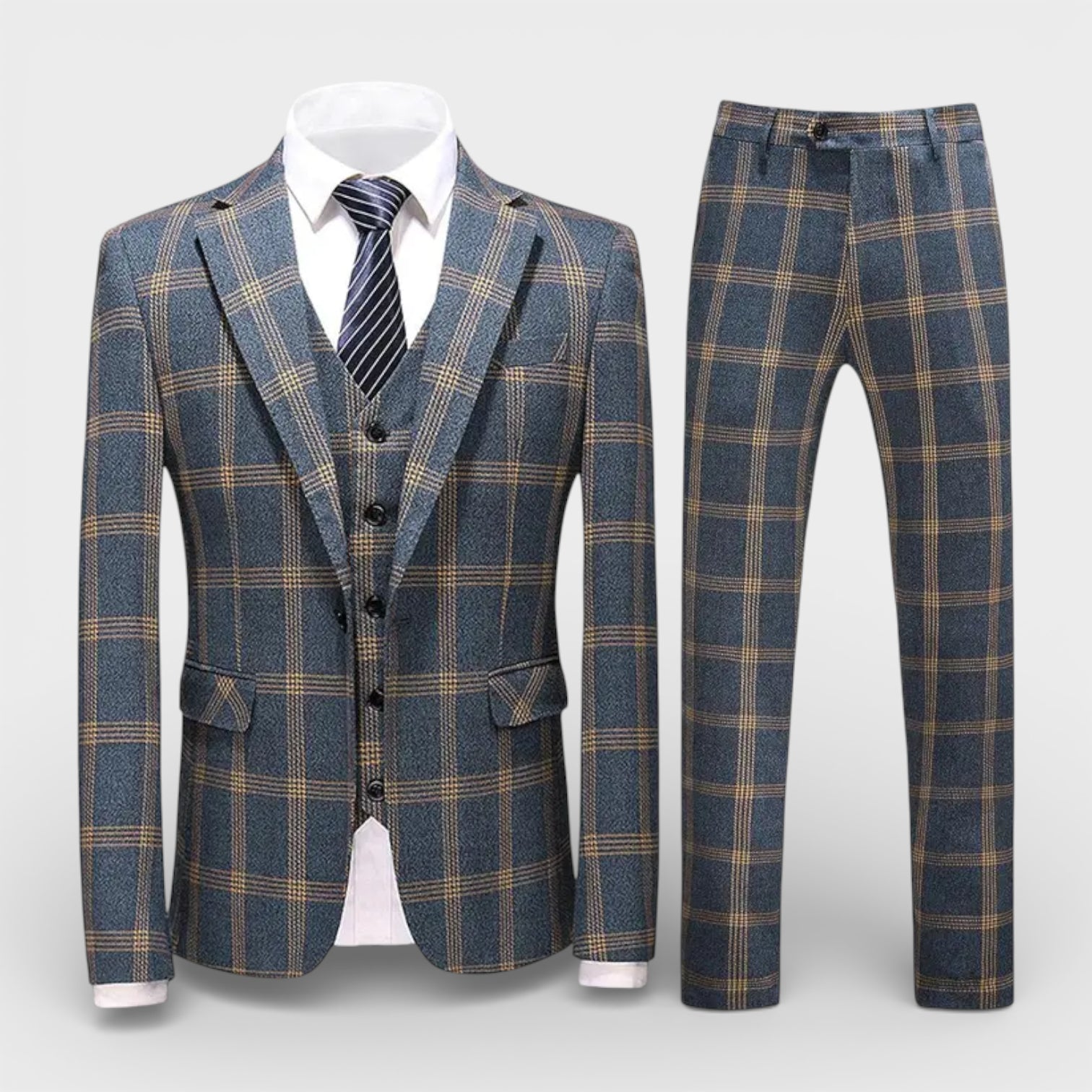 Three Piece Checked Suit Regular Fit Blazer Vest for Men