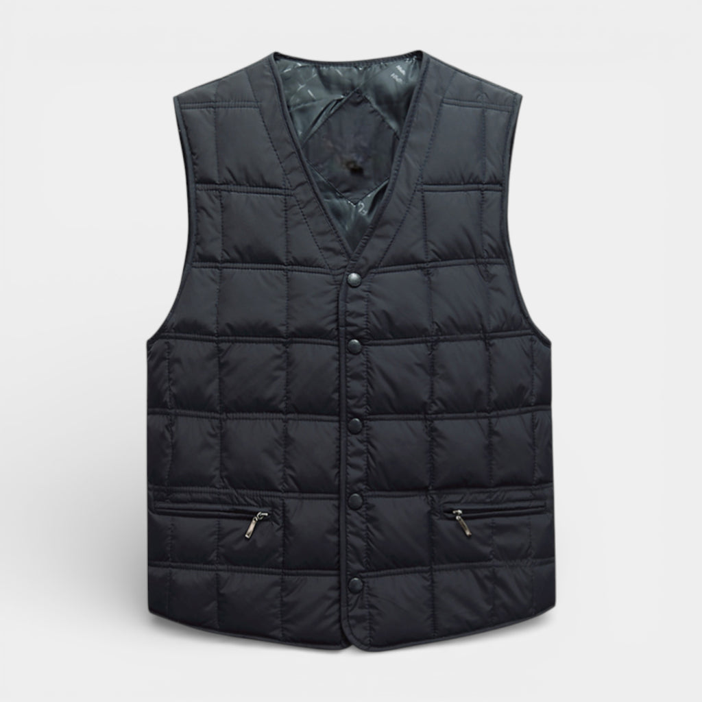 Button-Up Quilted Vest V-Neck Zip Pockets for Men