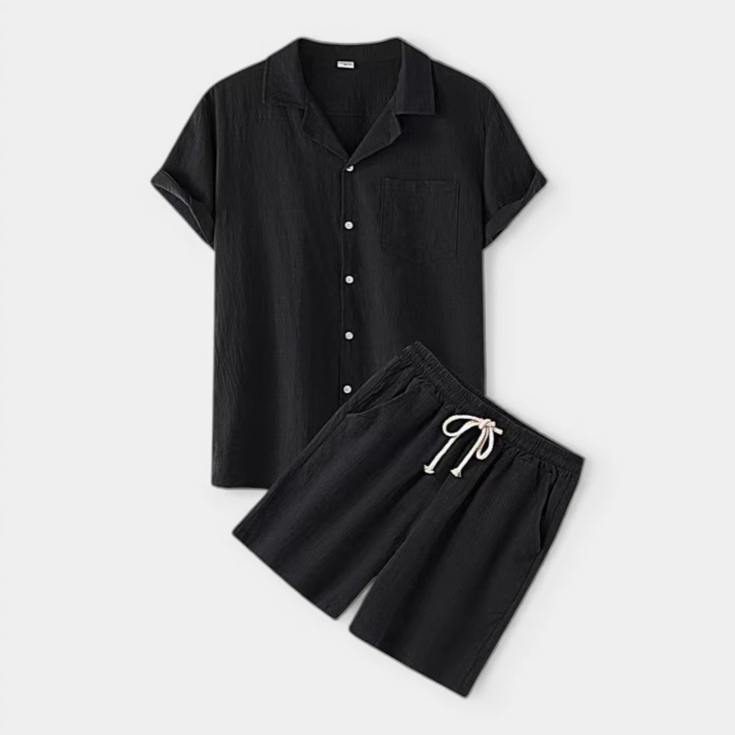 Short Sleeve Button-Up Shirt Drawstring Shorts Set for Men