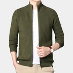 Full-Zip Ribbed Knit Cardigan Stand Collar for Men