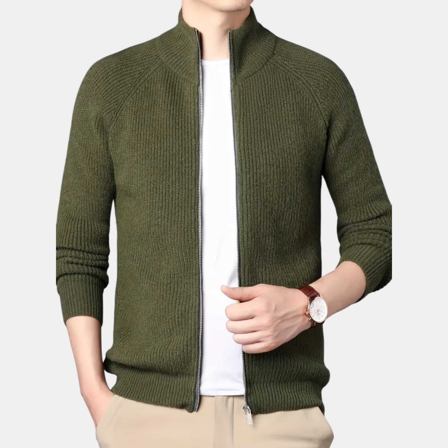 Full-Zip Ribbed Knit Cardigan Stand Collar for Men