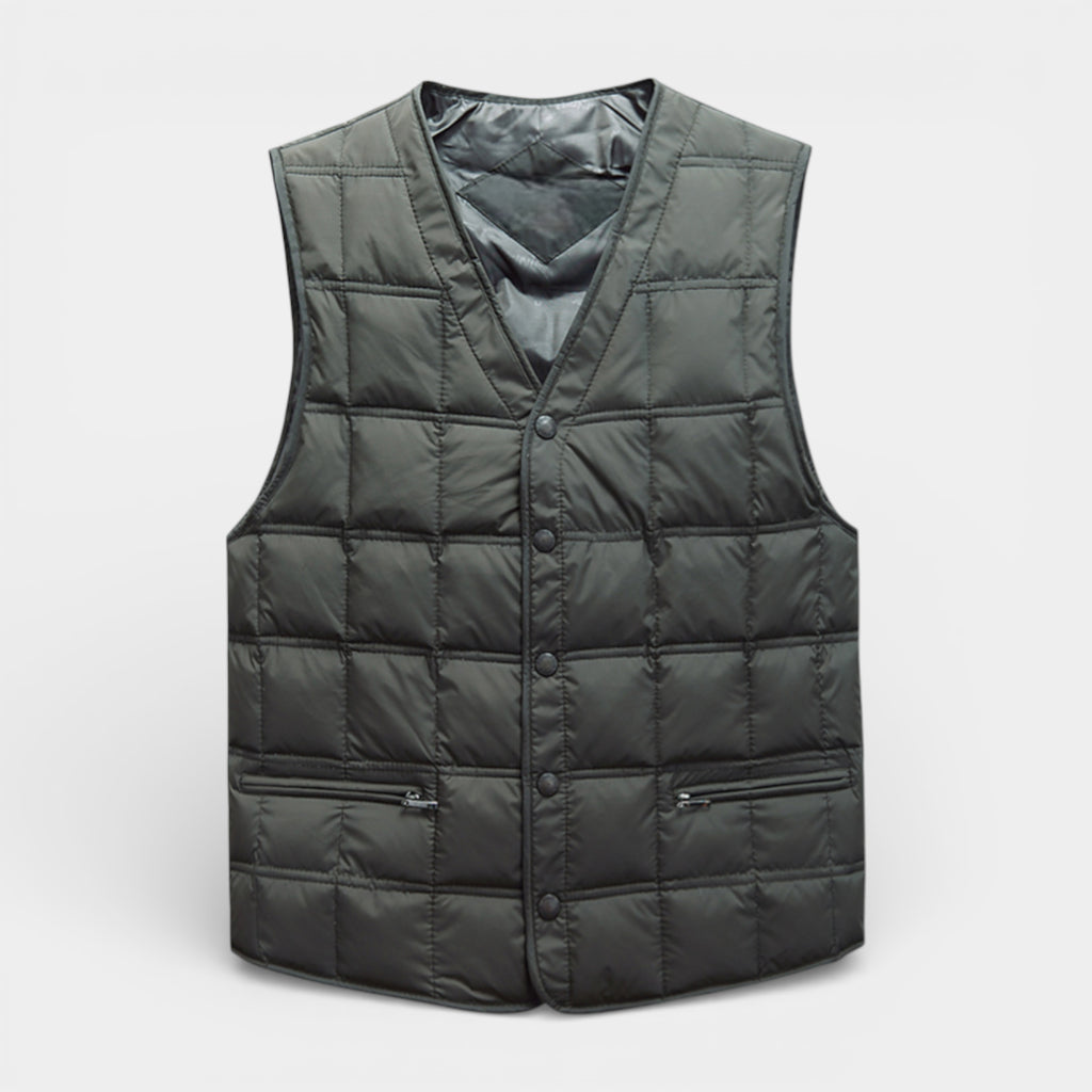 Button-Up Quilted Vest V-Neck Zip Pockets for Men