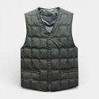 Button-Up Quilted Vest V-Neck Zip Pockets for Men
