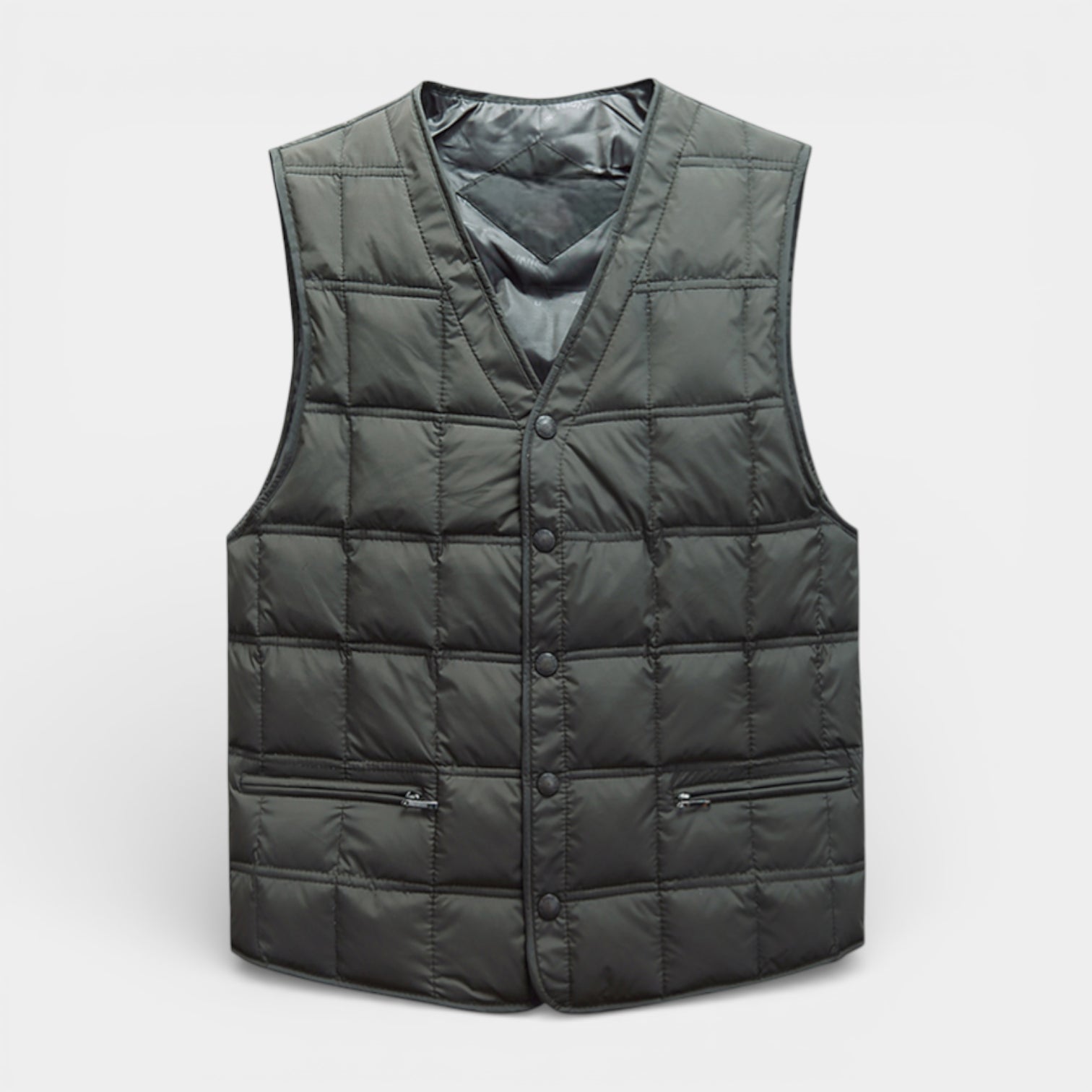Button-Up Quilted Vest V-Neck Zip Pockets for Men