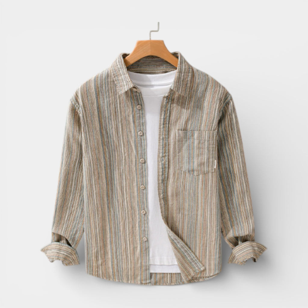 Vertical Stripe Button-Up Shirt Long Sleeve for Men