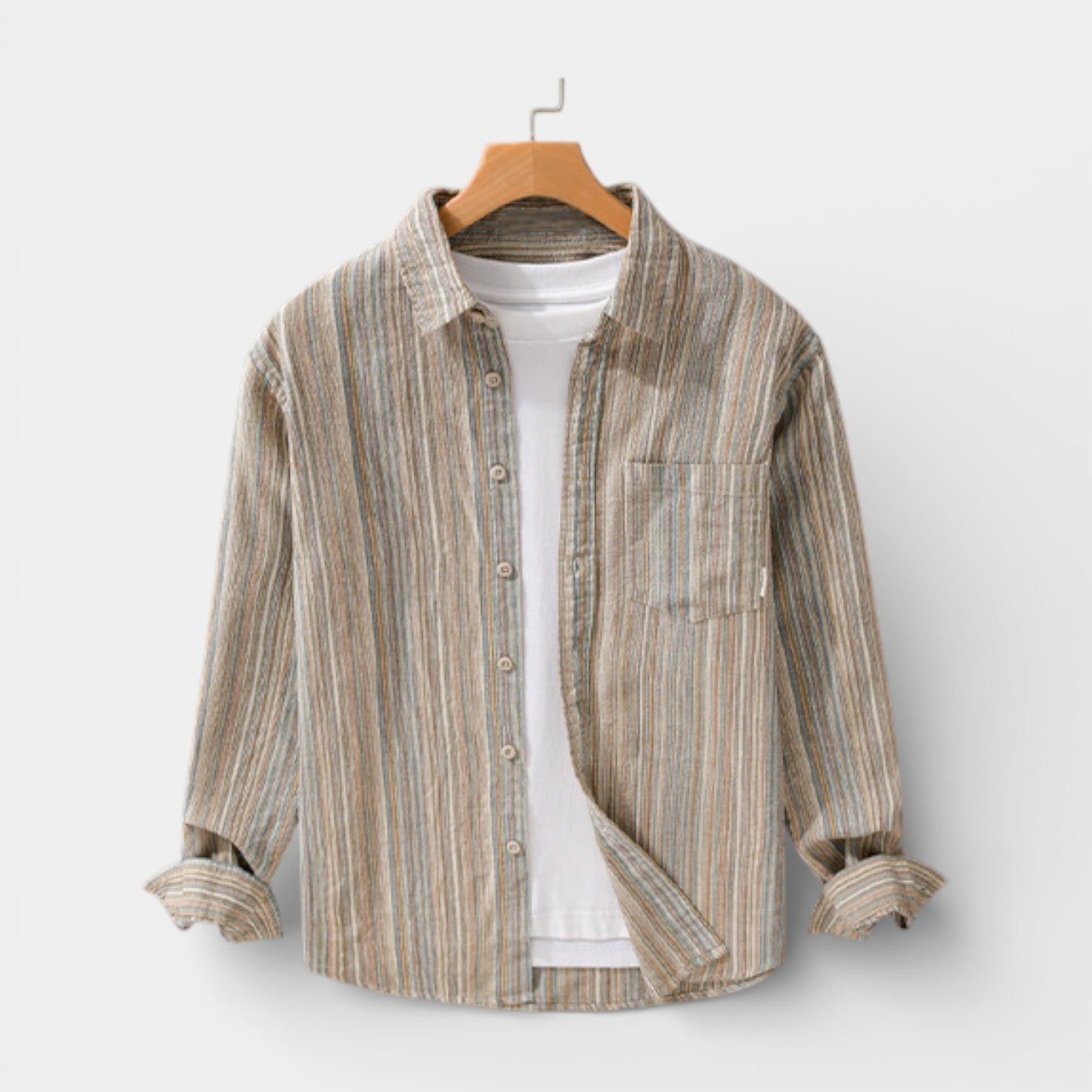 Vertical Stripe Button-Up Shirt Long Sleeve for Men