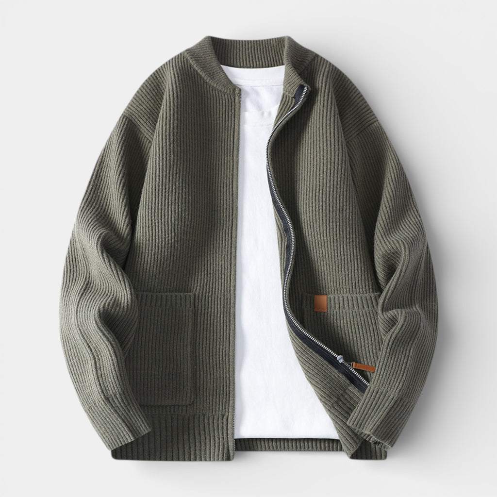Zip-Up Rib Knit Cardigan Jacket Regular Fit for Men