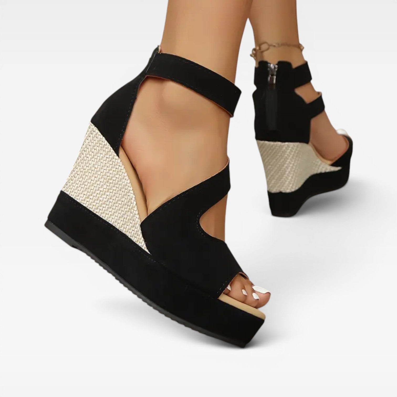 Women's Woven Platform Wedge Sandals with Ankle Strap