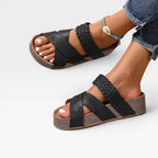 Women's Woven Cross-Strap Wedge Mules