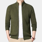 Full-Zip Ribbed Knit Cardigan Stand Collar for Men
