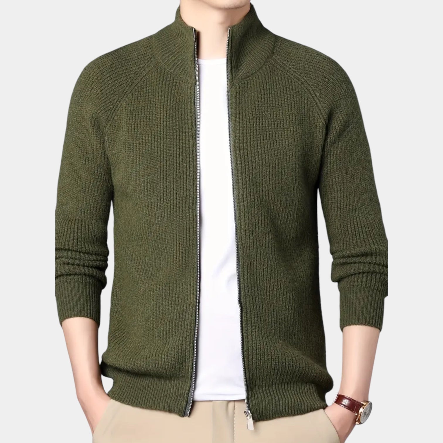Full-Zip Ribbed Knit Cardigan Stand Collar for Men