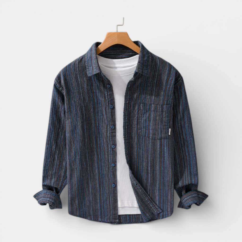 Vertical Stripe Button-Up Shirt Long Sleeve for Men