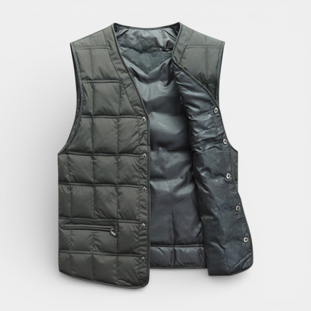 Button-Up Quilted Vest V-Neck Zip Pockets for Men