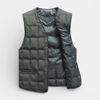 Button-Up Quilted Vest V-Neck Zip Pockets for Men