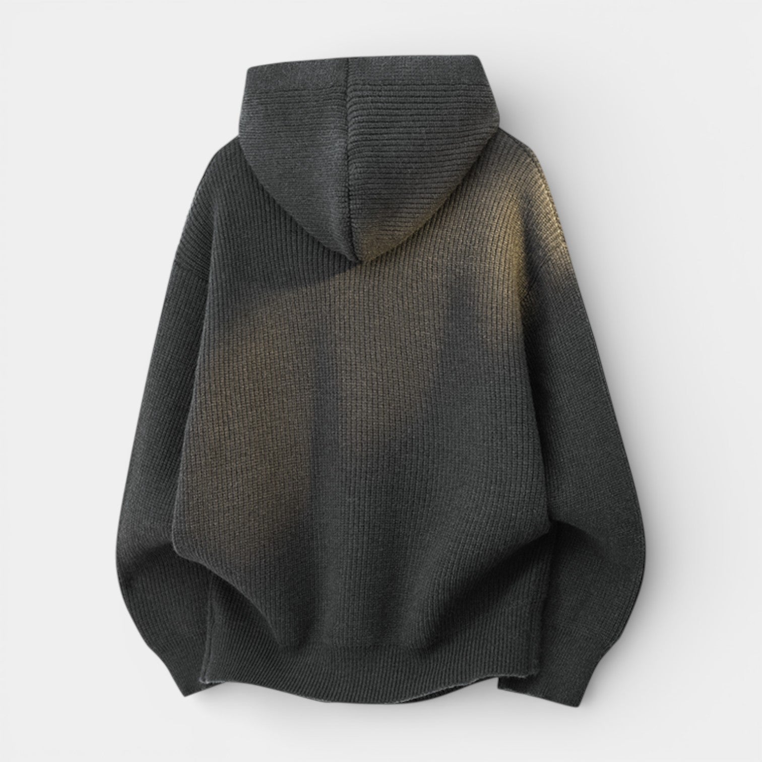 Ribbed Knit Hooded Zip Sweater Relaxed Fit for Men