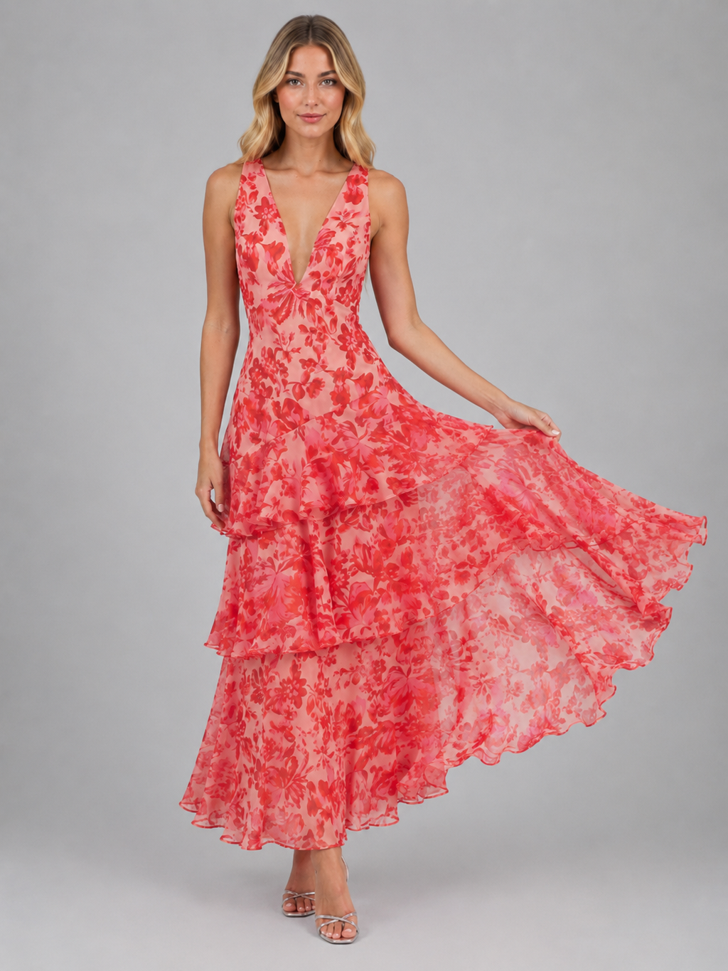 Women's Floral Chiffon Ruffle Maxi Dress