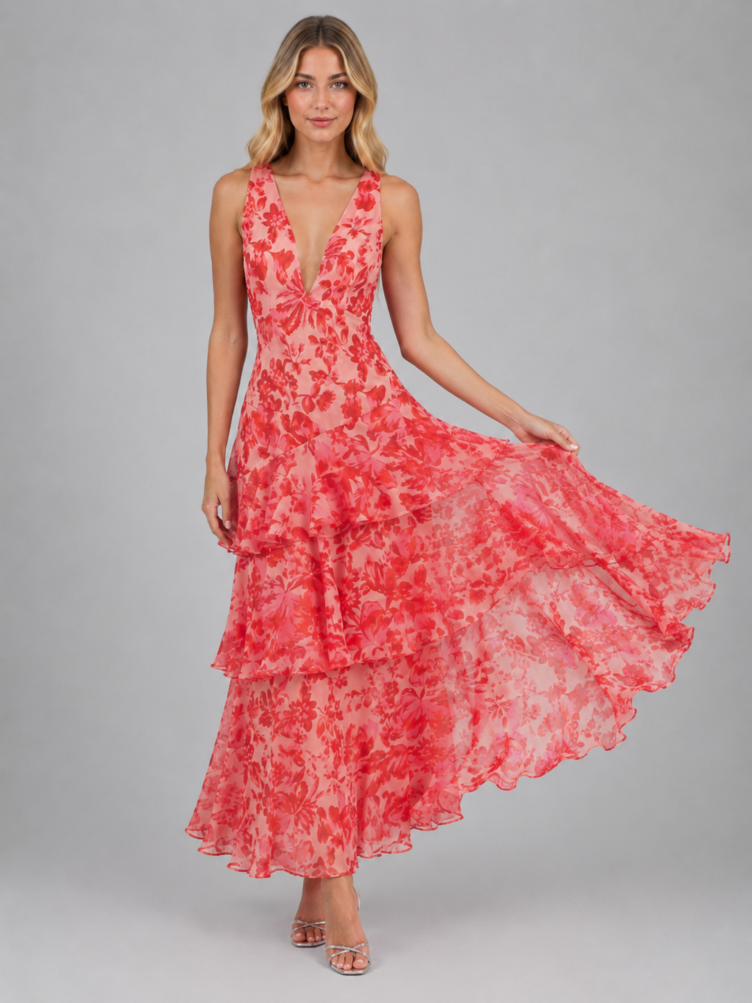 Women's Floral Chiffon Ruffle Maxi Dress