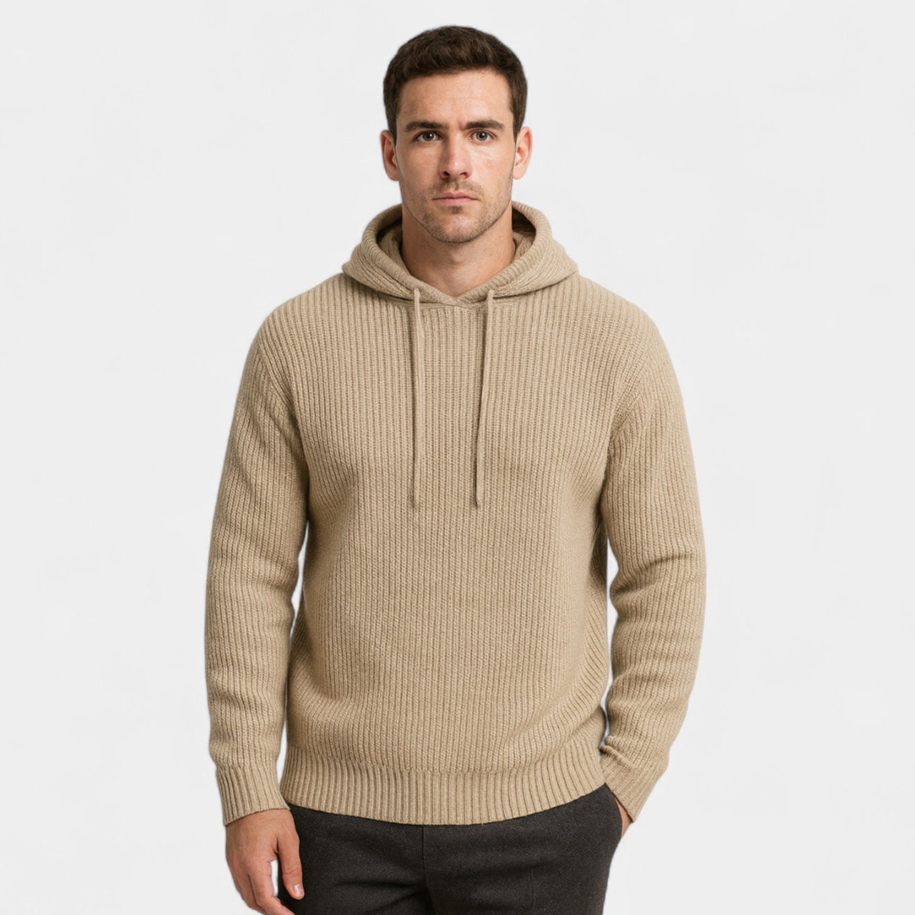 Ribbed Knit Hoodie Relaxed Fit Drawstring for Men