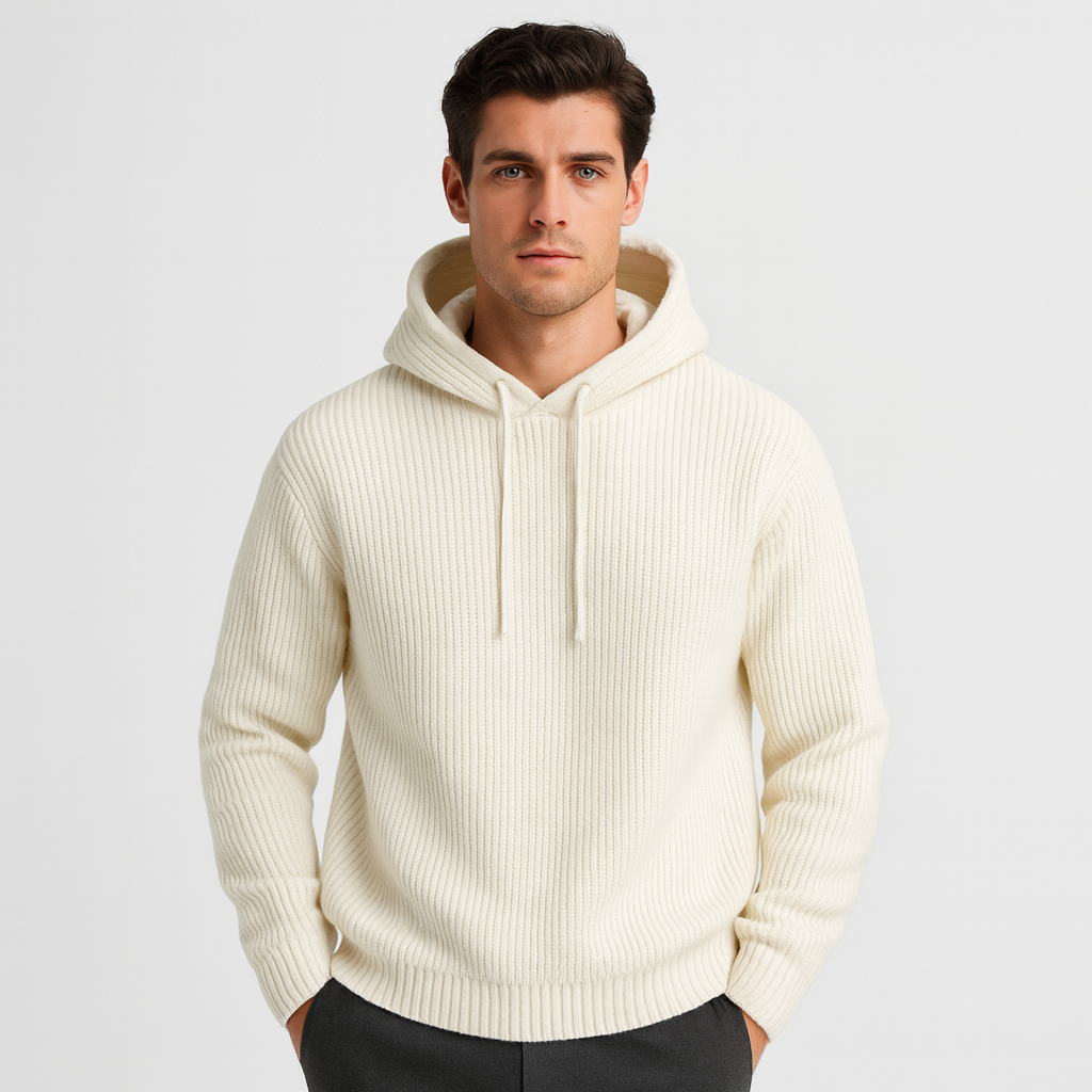 Ribbed Knit Hoodie Relaxed Fit Drawstring for Men