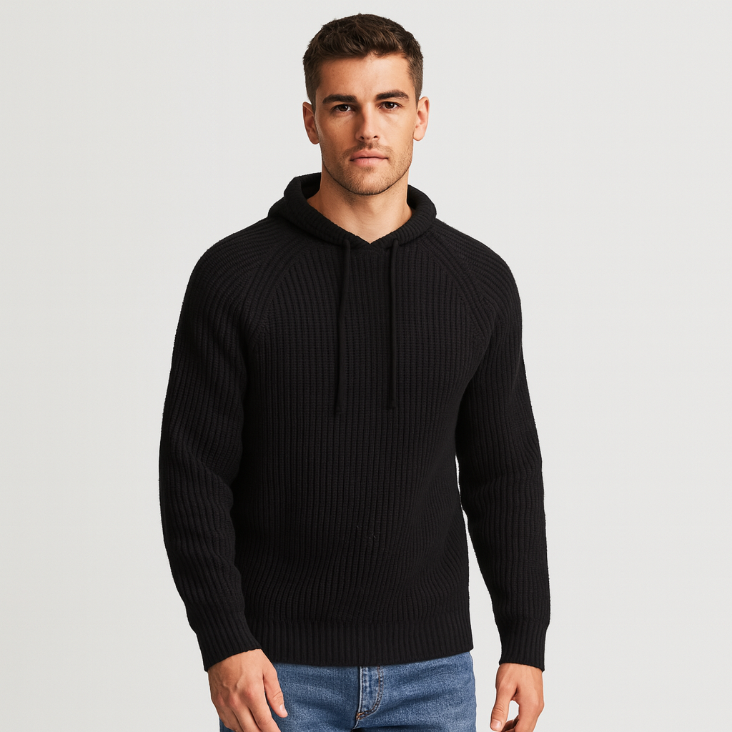 Ribbed Knit Hoodie Relaxed Fit Drawstring for Men