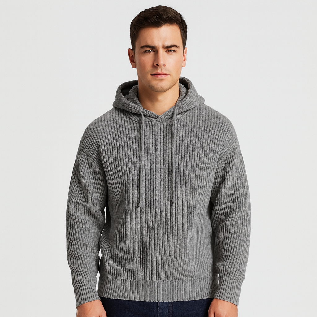 Ribbed Knit Hoodie Relaxed Fit Drawstring for Men