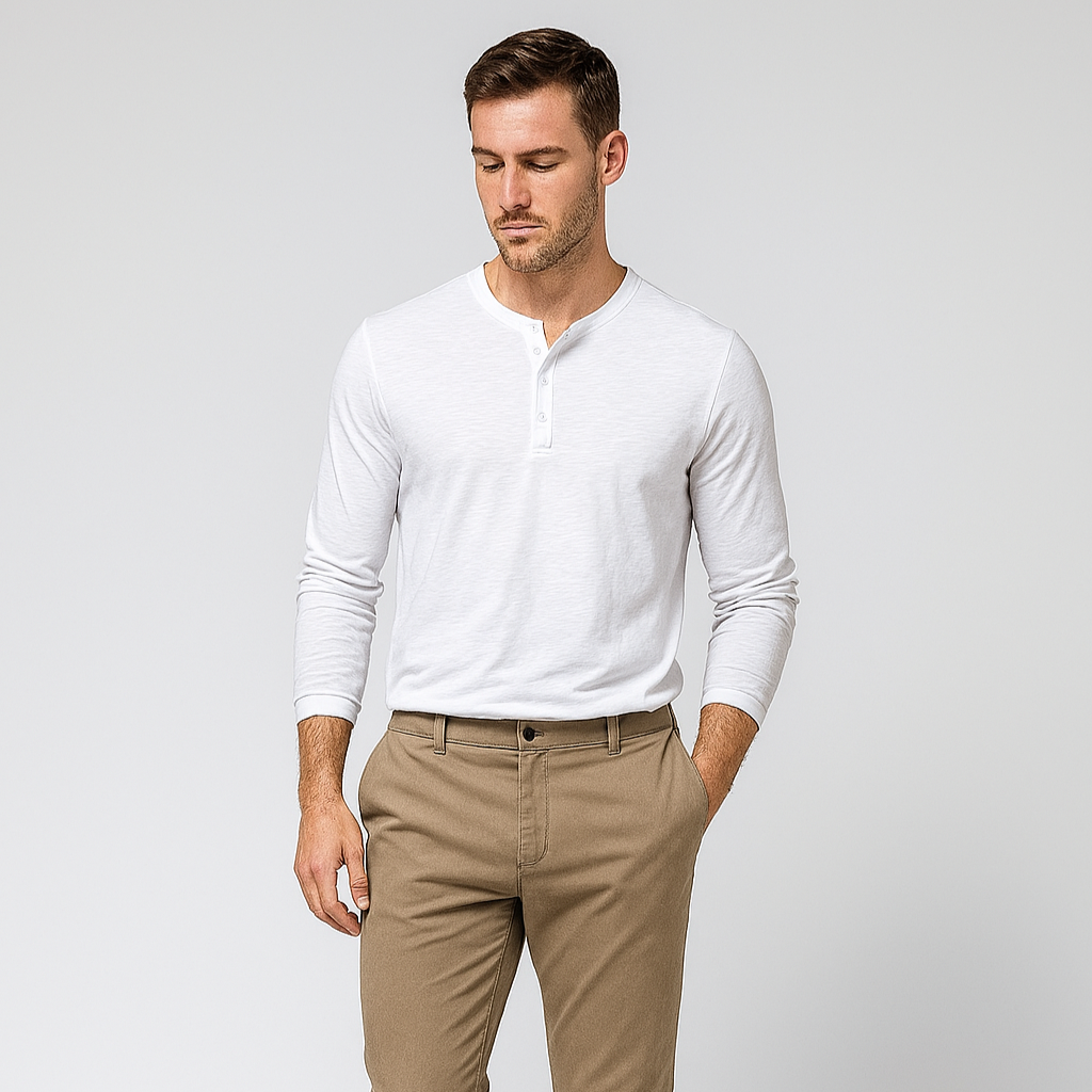 Cotton Henley Shirt Long Sleeve Regular Fit for Men