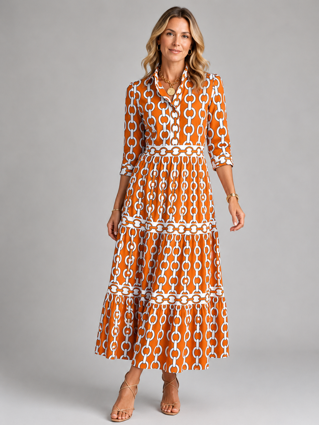 Women's Chain Print Midi Dress with Relaxed Fit