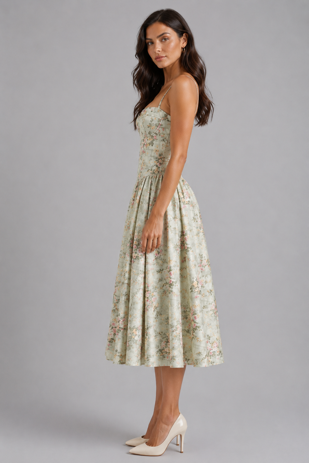 Women's Floral Corset Midi Dress for Wedding Guests