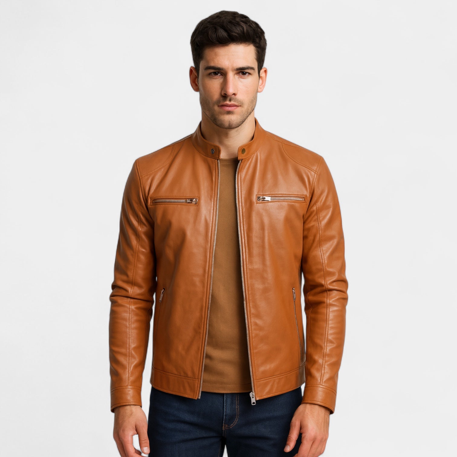 Faux Leather Biker Jacket Stand Collar Zip for Men