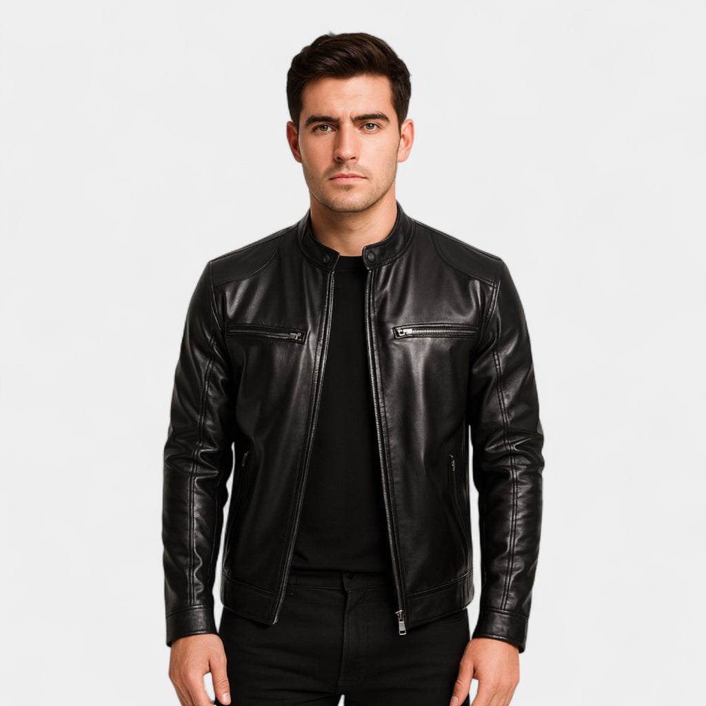Faux Leather Biker Jacket Stand Collar Zip for Men
