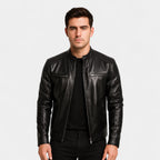 Faux Leather Biker Jacket Stand Collar Zip for Men