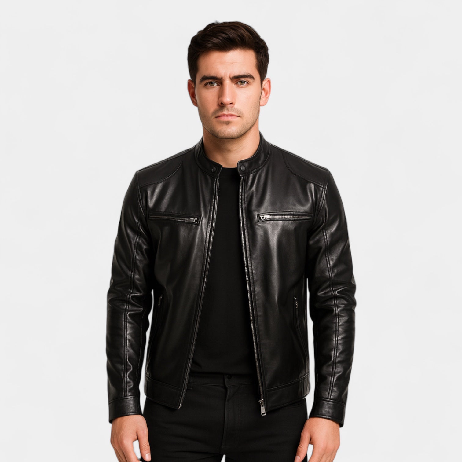 Faux Leather Biker Jacket Stand Collar Zip for Men