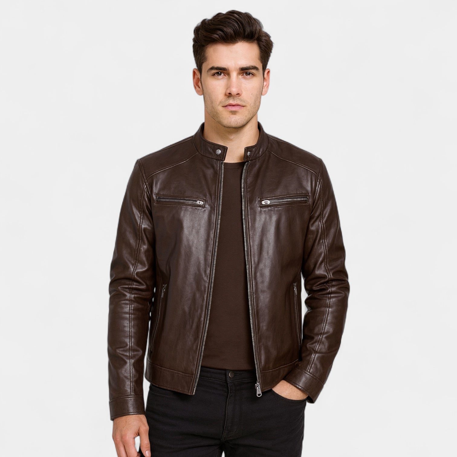 Faux Leather Biker Jacket Stand Collar Zip for Men
