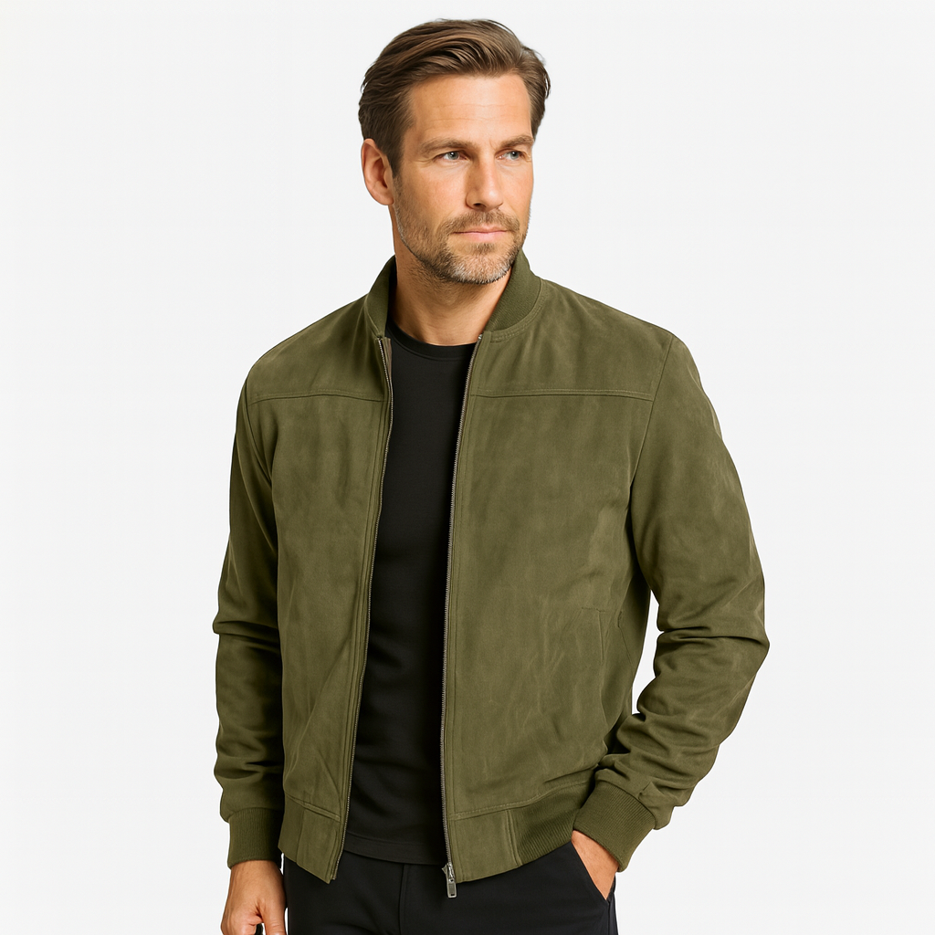 Soft Faux Suede Bomber Jacket Ribbed Cuffs for Men