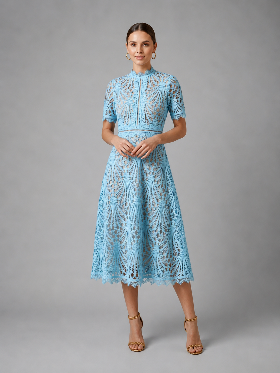 Women's Lace Midi Dress with High Neck
